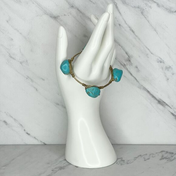 Gold Tone Faux Turquoise Beaded Small Wire Bangle Bracelet - Picture 3 of 8